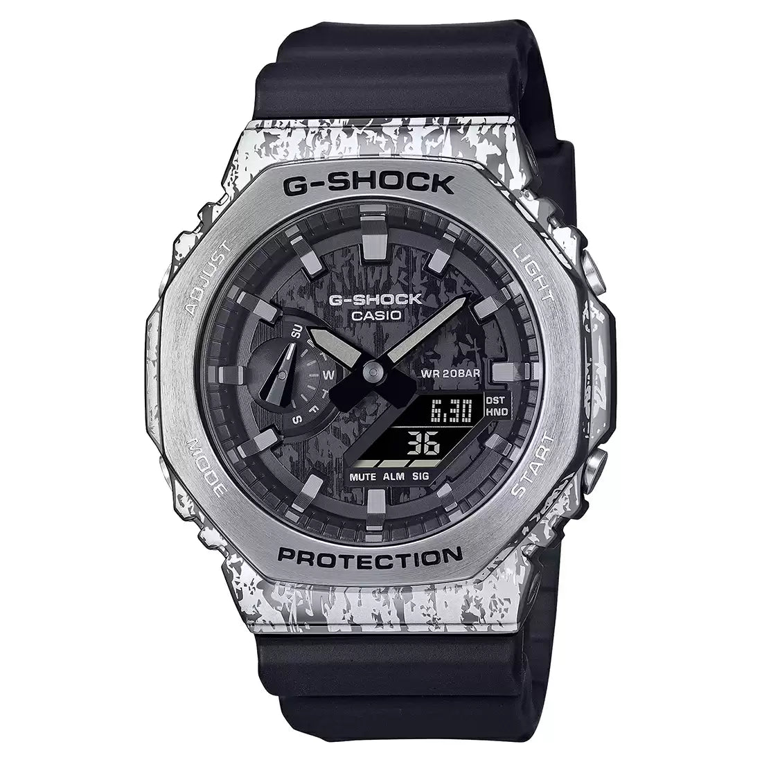 A Casio G-SHOCK GM-2100GC-1ADR analog-digital men's watch with a black band and a silver-colored octagonal case, featuring a digital display and analog hands.