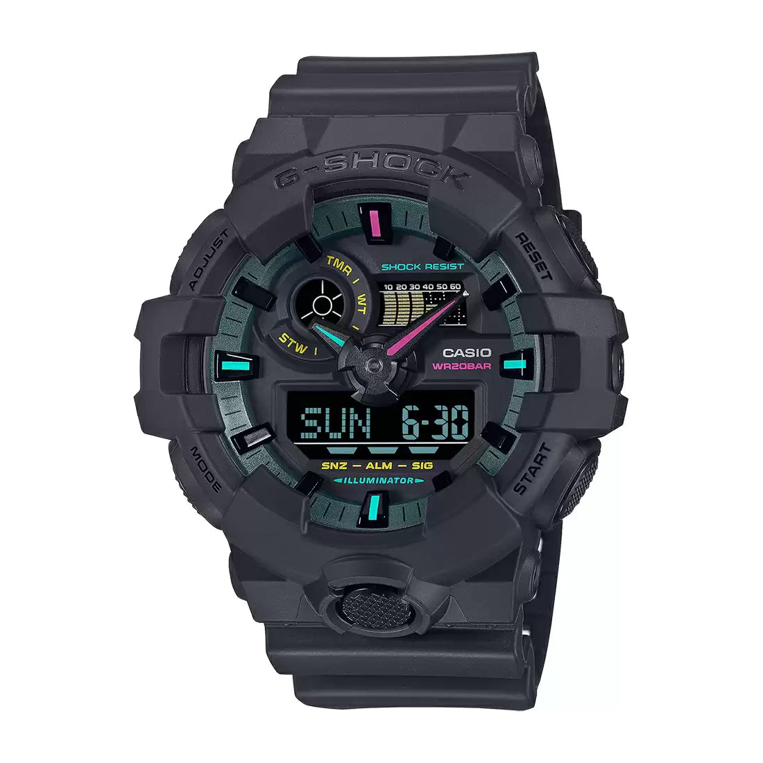A Casio G-SHOCK GA-700MF-1ADR analog-digital men's watch with a black band and bezel, featuring vibrant fluorescent color accents in blue, pink, and yellow on the dial.