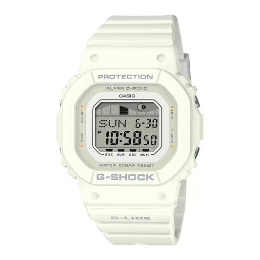 A Casio G-SHOCK digital watch in white color with a digital display, silicone band, and specific features such as protection and alarm chronograph mentioned on the watch face.