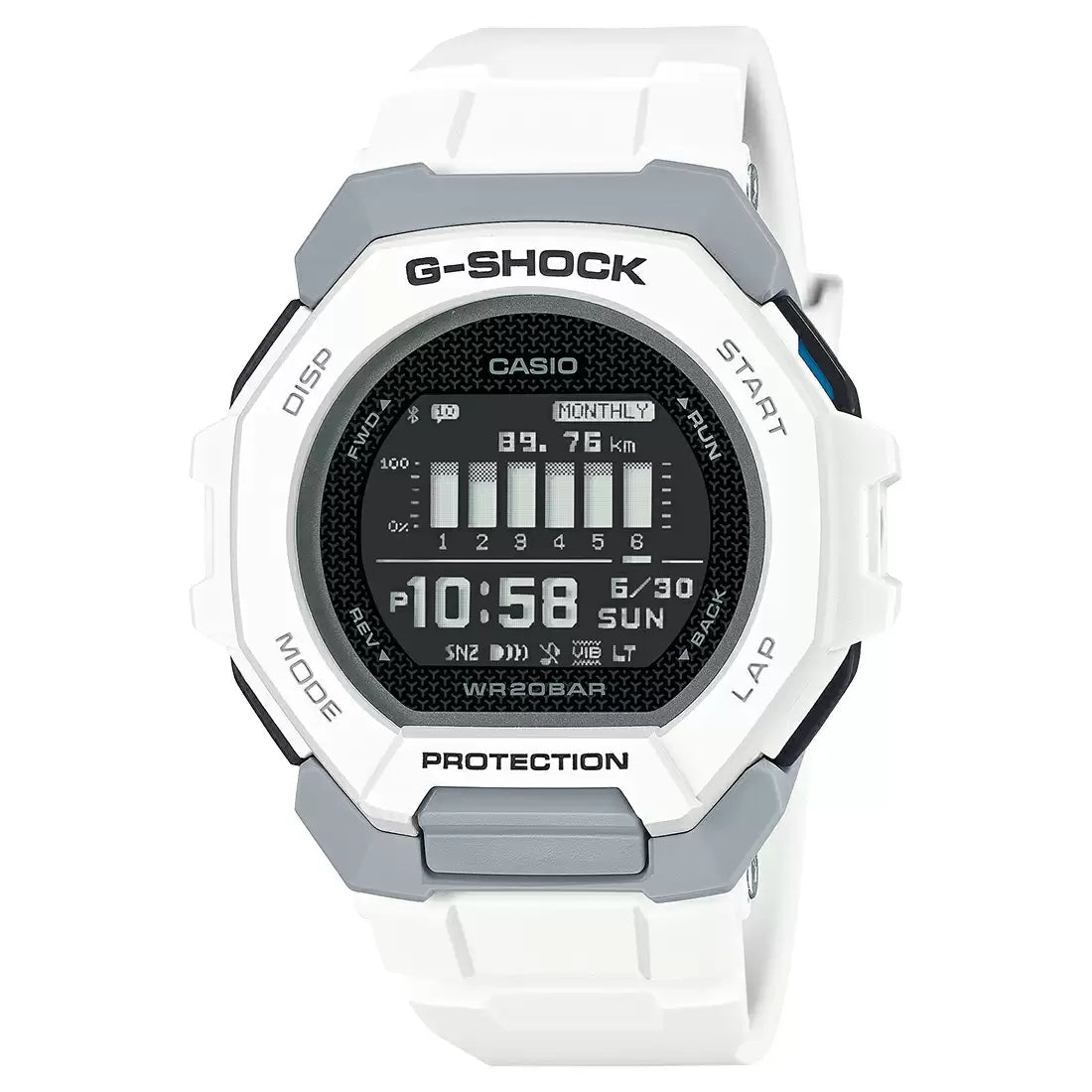 A CASIO G-Shock GBD-300-7DR White Digital Men's Watch with a digital display, showing time, date, and various smart notifications.
