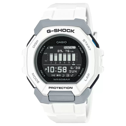 A CASIO G-Shock GBD-300-7DR White Digital Men's Watch with a digital display, showing time, date, and various smart notifications.