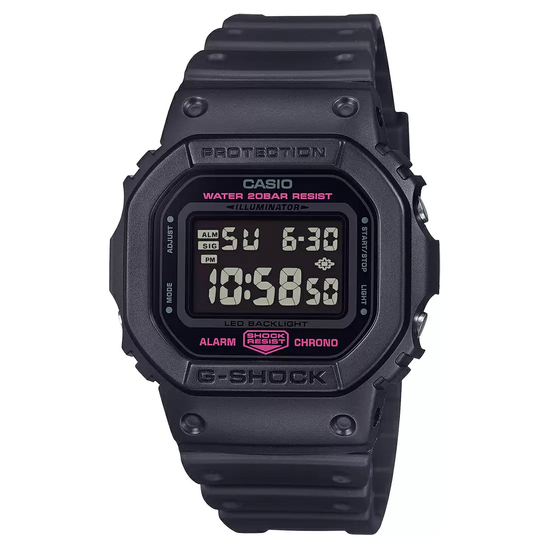 A digital Casio G-SHOCK watch with a black band and case, featuring a black dial with pink accents and the Pink Ribbon movement symbol.