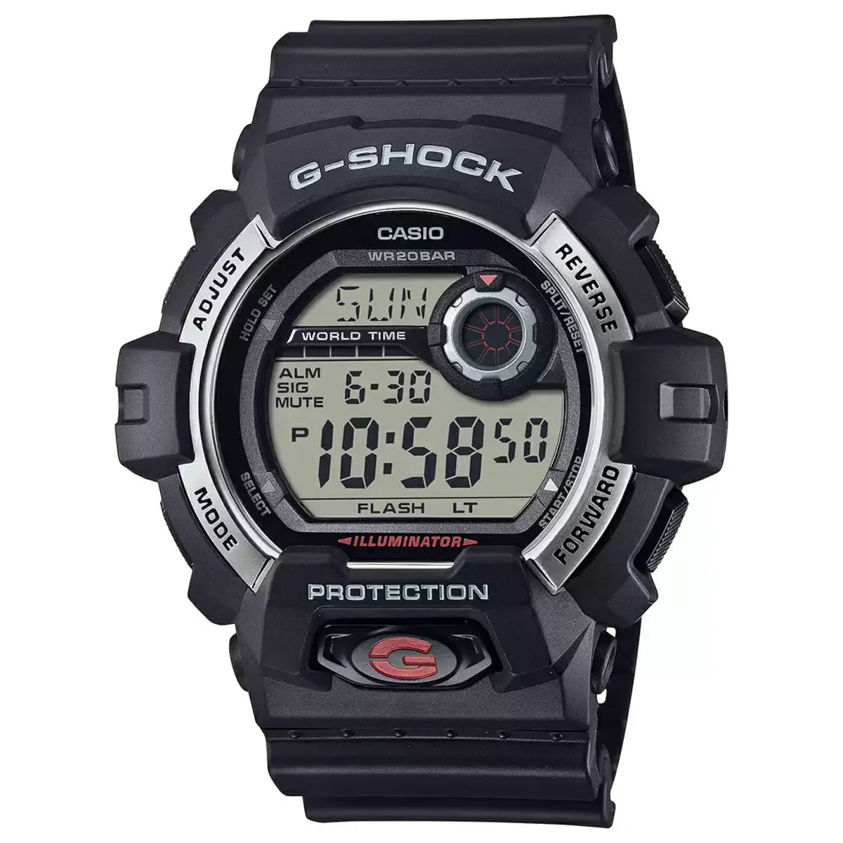 A black Casio G-SHOCK watch with a digital display, signature red accents, and a stainless steel bezel.