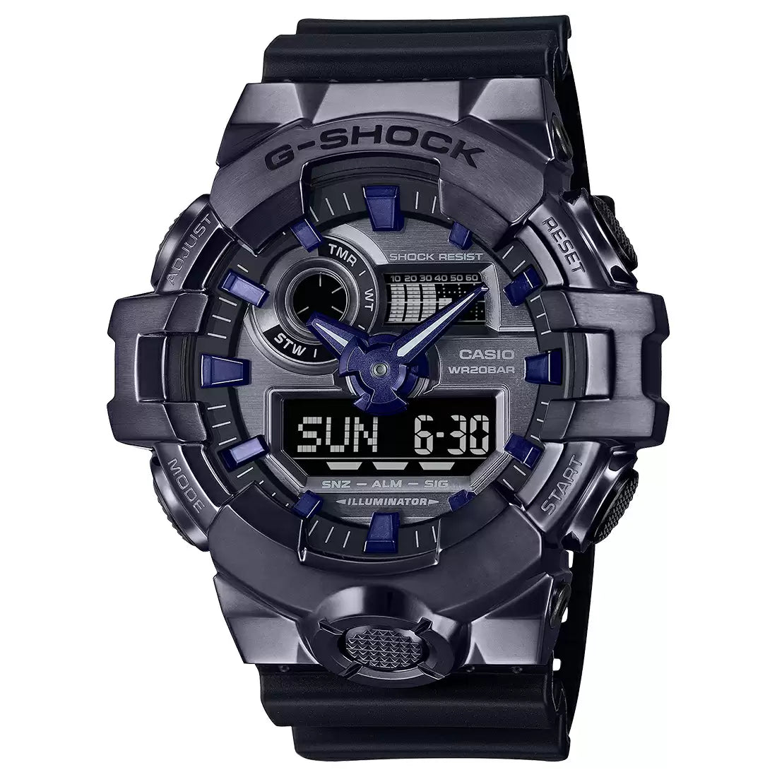 A Casio G-SHOCK GM-700P-6ADR analog-digital men's watch with a black and purple color scheme, featuring a digital display and a stainless steel bezel.
