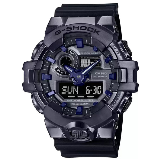 A Casio G-SHOCK GM-700P-6ADR analog-digital men's watch with a black and purple color scheme, featuring a digital display and a stainless steel bezel.