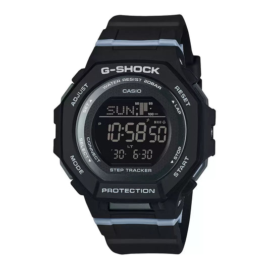 A black Casio G-SHOCK digital watch with a textured dial and a matte-finish case.