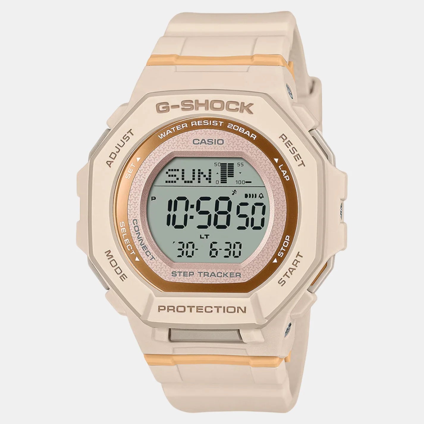 A Casio G-SHOCK digital watch in beige color with a round digital display, showing time and step count, and labeled with 'PROTECTION'.