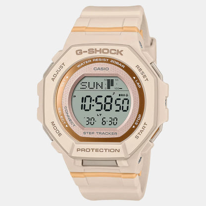 A Casio G-SHOCK digital watch in beige color with a round digital display, showing time and step count, and labeled with 'PROTECTION'.