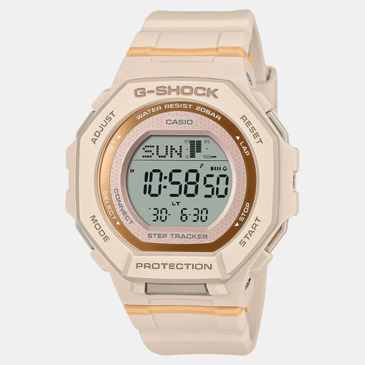 A Casio G-SHOCK digital watch in beige color with a round digital display, showing time and step count, and labeled with 'PROTECTION'.