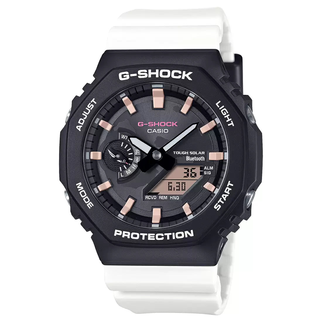 A Casio G-SHOCK watch with a black case and white band, featuring a digital display and analog hands.