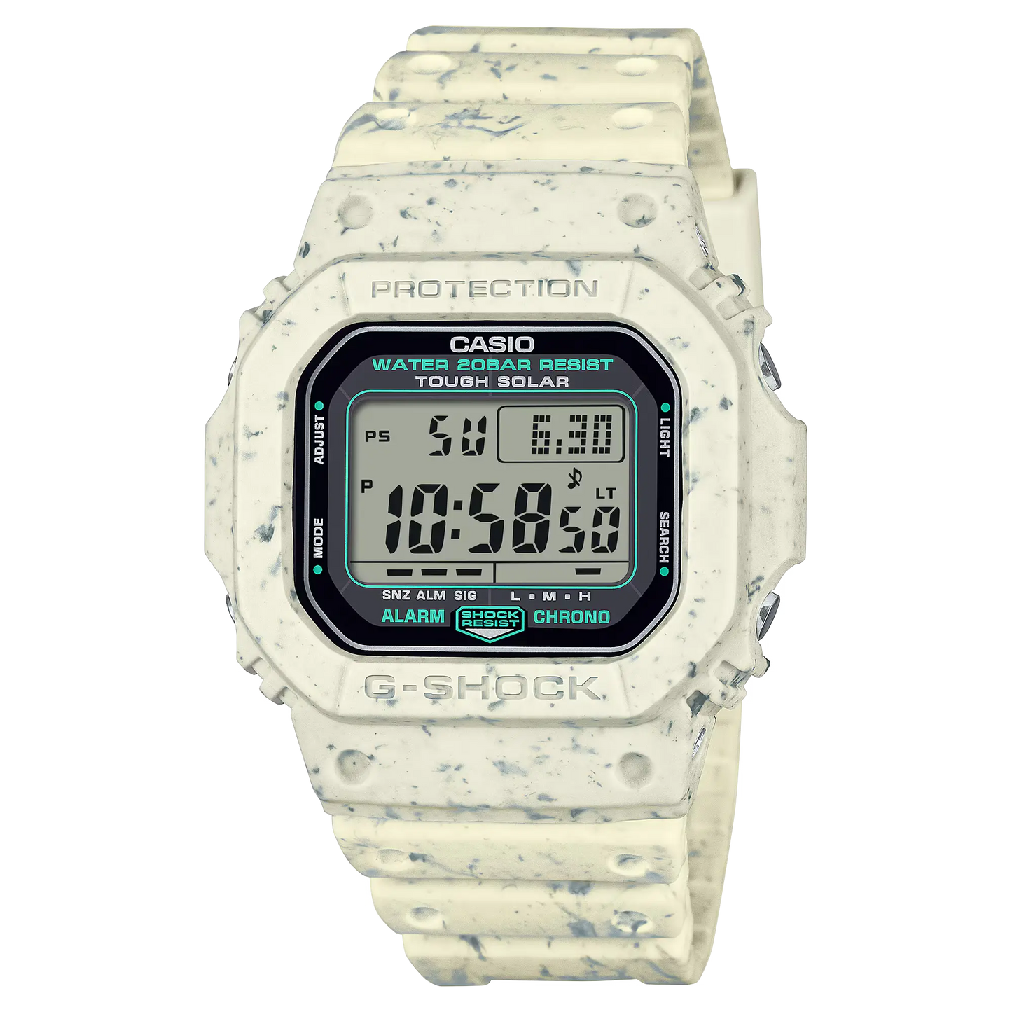 Digital watch with speckled pattern on a white background