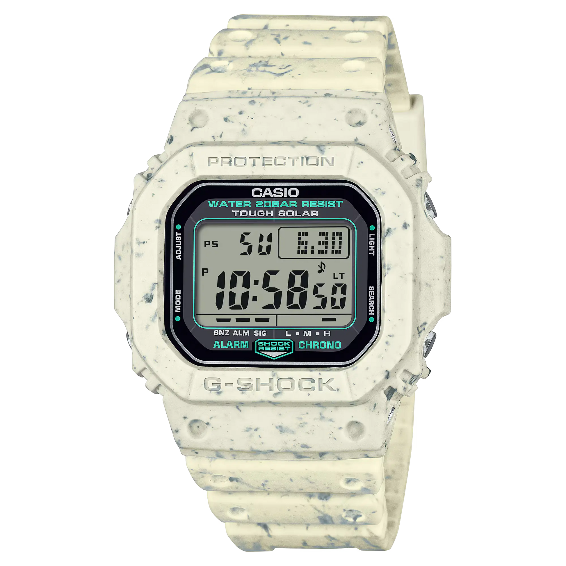 Digital watch with speckled pattern on a white background