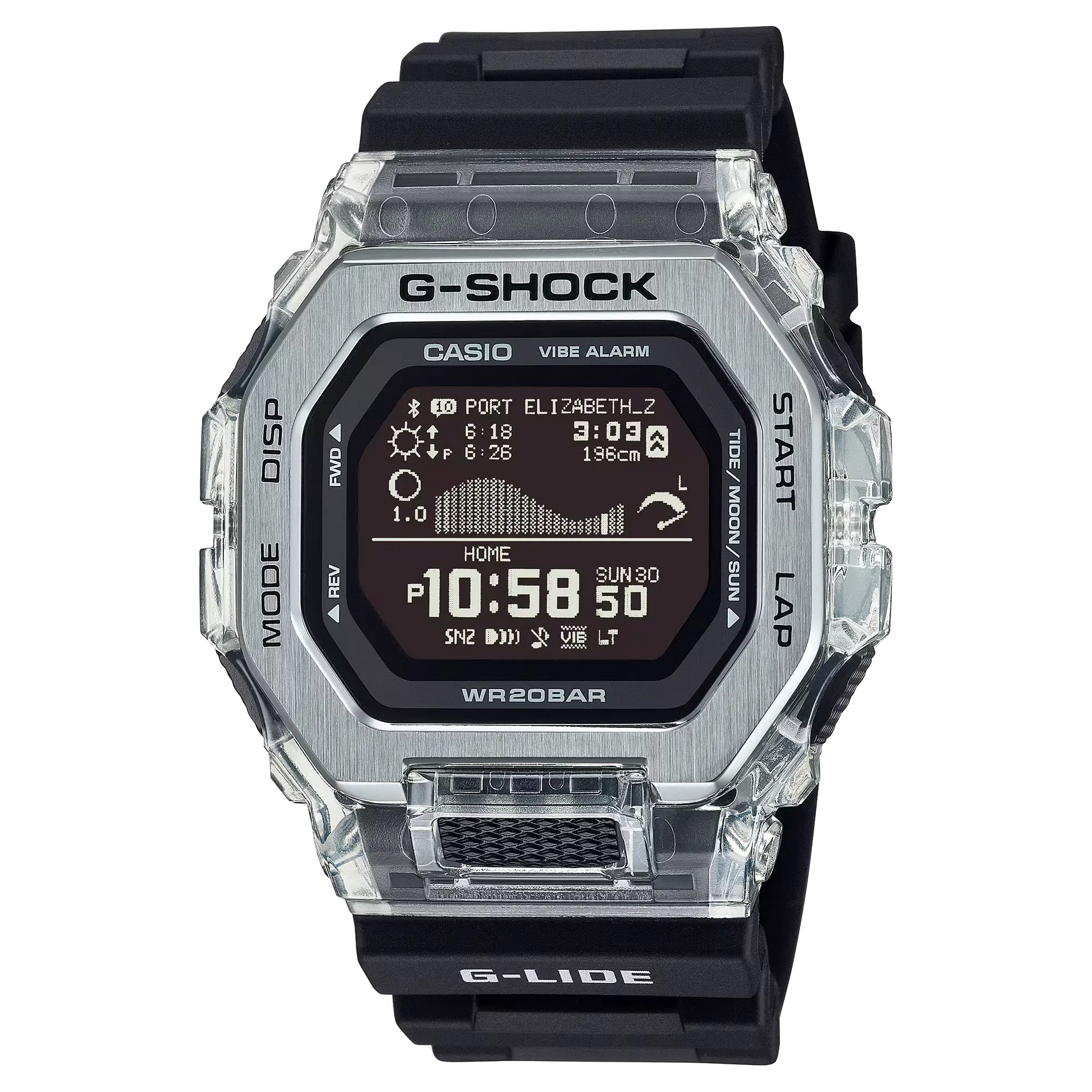 Casio G-Shock digital watch with clear case and black strap on white background