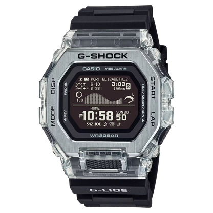 Casio G-Shock digital watch with clear case and black strap on white background