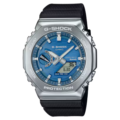 G-Shock watch with blue face and black strap on a white background