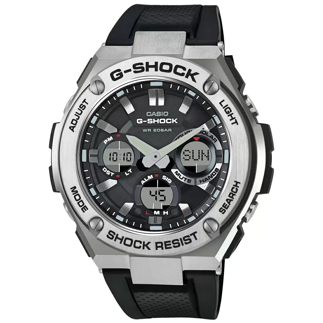 A Casio G-SHOCK GST-S110-1ADR men's watch with a black band and dial, featuring a two-layer bezel design.