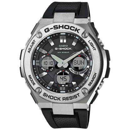 A Casio G-SHOCK GST-S110-1ADR men's watch with a black band and dial, featuring a two-layer bezel design.