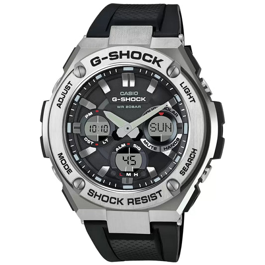 A Casio G-SHOCK GST-S110-1ADR men's watch with a black band and dial, featuring a two-layer bezel design.