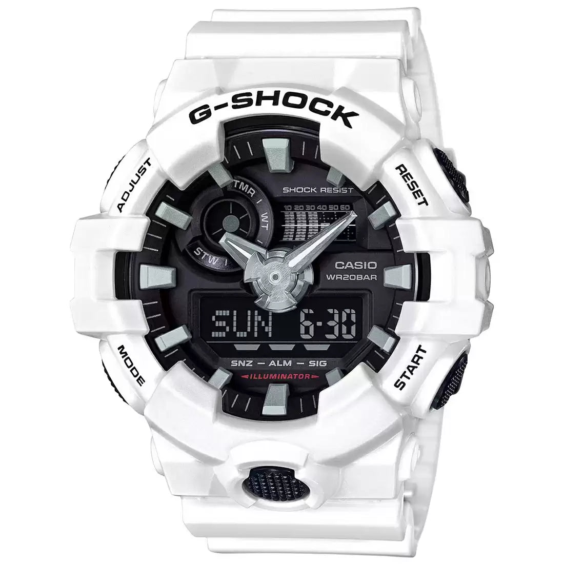 A Casio G-SHOCK GA-700-7ADR men's watch with a white band and black dial, showcasing analog and digital display features.