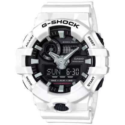 A Casio G-SHOCK GA-700-7ADR men's watch with a white band and black dial, showcasing analog and digital display features.