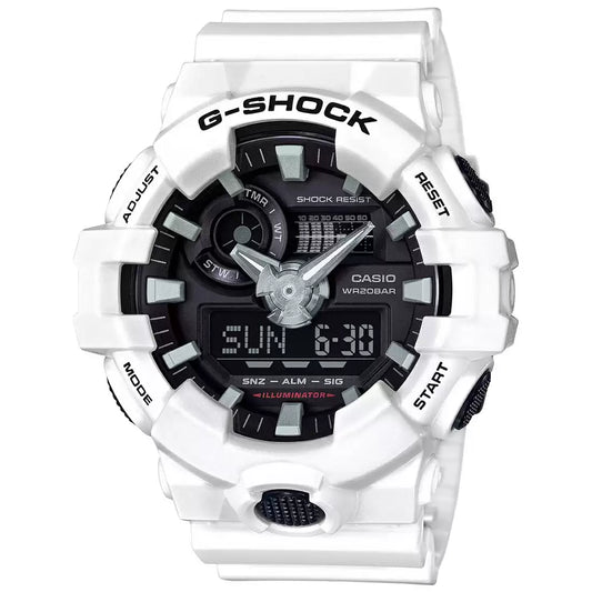 A Casio G-SHOCK GA-700-7ADR men's watch with a white band and black dial, showcasing analog and digital display features.