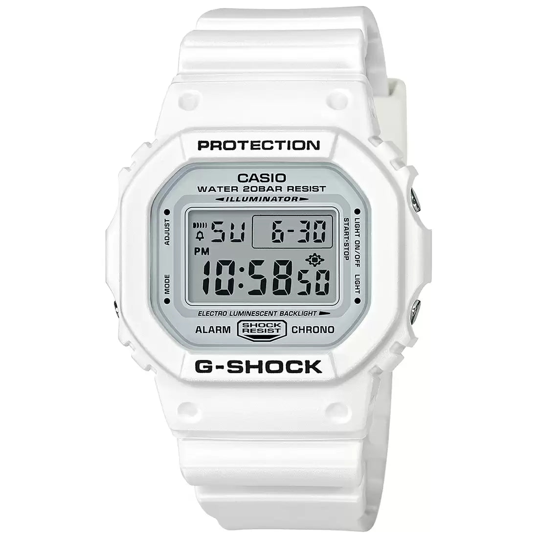 A Casio G-SHOCK DW-5600MW-7DR men's watch with a white digital display and a white band.