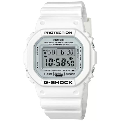 A Casio G-SHOCK DW-5600MW-7DR men's watch with a white digital display and a white band.
