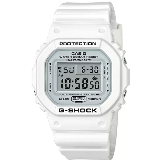 A Casio G-SHOCK DW-5600MW-7DR men's watch with a white digital display and a white band.
