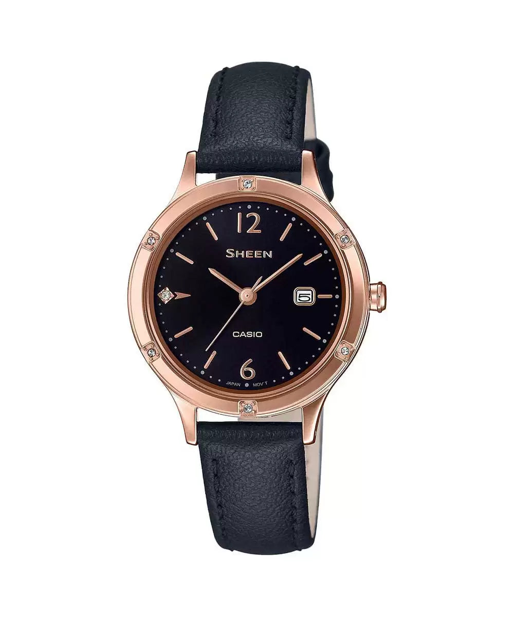A Casio SHEEN women's watch with a pink gold IP case and a black dial, featuring a leather strap and a sapphire glass mirror.