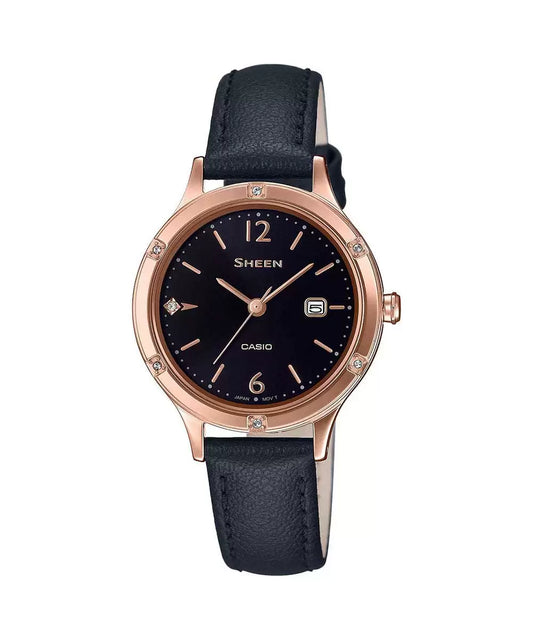 A Casio SHEEN women's watch with a pink gold IP case and a black dial, featuring a leather strap and a sapphire glass mirror.