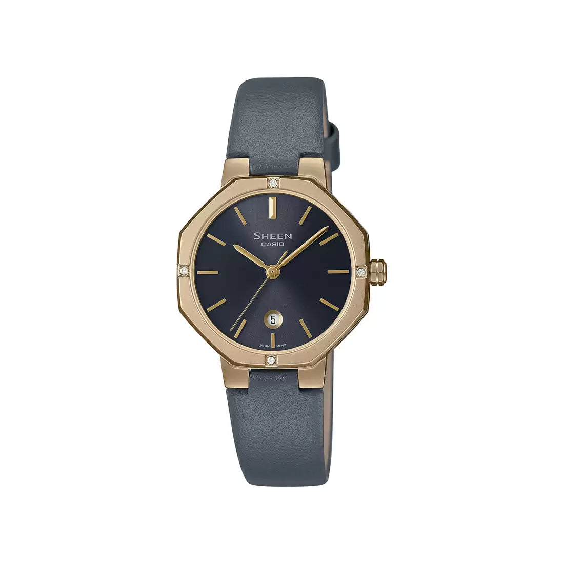 A Casio SHEEN women's watch with a blue dial and gold-colored case, featuring a leather strap.
