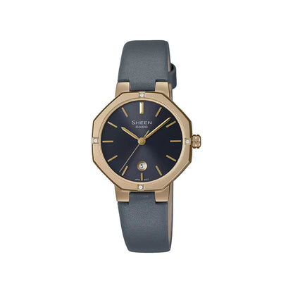 A Casio SHEEN women's watch with a blue dial and gold-colored case, featuring a leather strap.