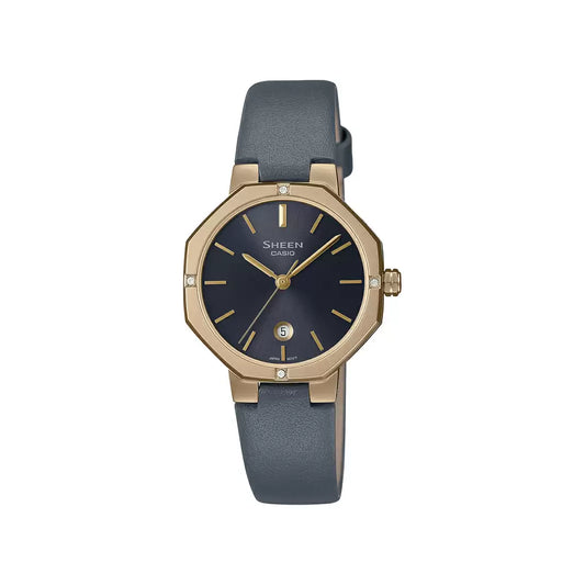 A Casio SHEEN women's watch with a blue dial and gold-colored case, featuring a leather strap.