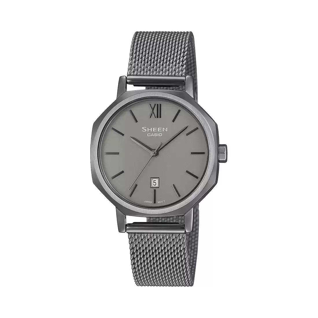 A Casio SHEEN women's watch with a gray octagonal case and a gray metallic band, featuring a matte dial and a date display.