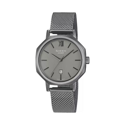 A Casio SHEEN women's watch with a gray octagonal case and a gray metallic band, featuring a matte dial and a date display.