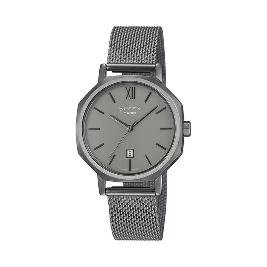 A Casio SHEEN women's watch with a gray octagonal case and a gray metallic band, featuring a matte dial and a date display.