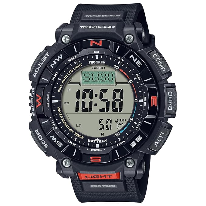 A Casio Protrek digital watch with a black band and grey dial, featuring a digital display and multiple watch features.