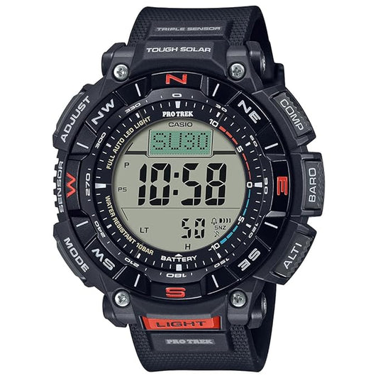 A Casio Protrek digital watch with a black band and grey dial, featuring a digital display and multiple watch features.