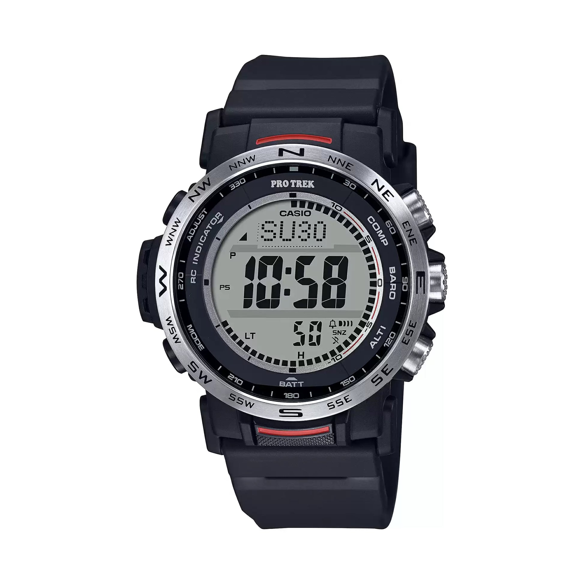 A Casio PROTREK PRW-35-1ADR men's digital watch with a black band and a black case, displaying a digital screen showing time and various outdoor readings.