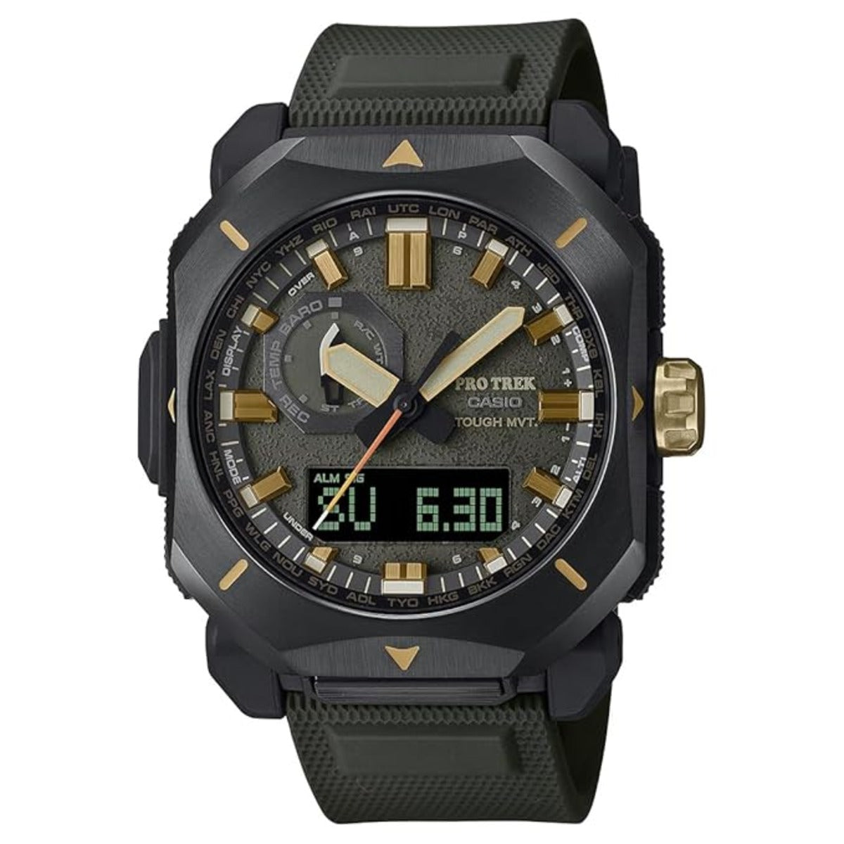 Black and gold Casio Pro Trek watch on a white background