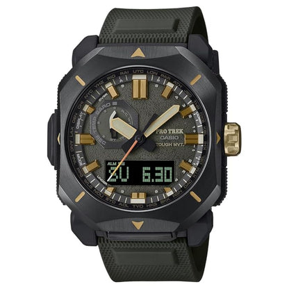 Black and gold Casio Pro Trek watch on a white background