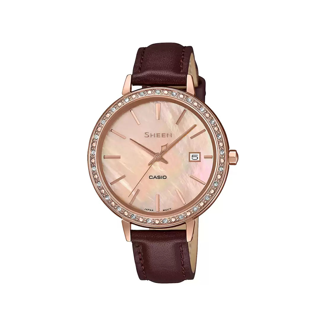 A Casio SHEEN women's watch with a pink gold ion-plated stainless steel case, a brown genuine leather band, and a pink mother-of-pearl dial with Swarovski crystal-encrusted bezel.