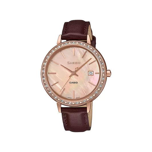 A Casio SHEEN women's watch with a pink gold ion-plated stainless steel case, a brown genuine leather band, and a pink mother-of-pearl dial with Swarovski crystal-encrusted bezel.