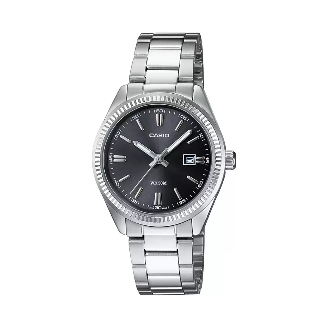 A Casio enticer ladies analog watch with a silver metal band and casing, featuring a black dial.
