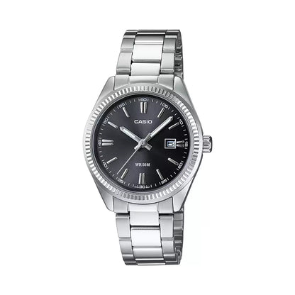 A Casio enticer ladies analog watch with a silver metal band and casing, featuring a black dial.