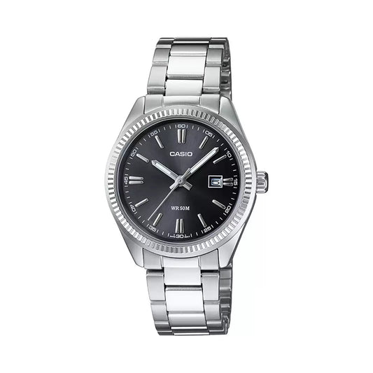 A Casio enticer ladies analog watch with a silver metal band and casing, featuring a black dial.