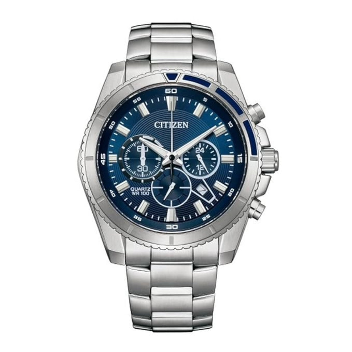 Citizen watch with blue face and silver bracelet on a white background