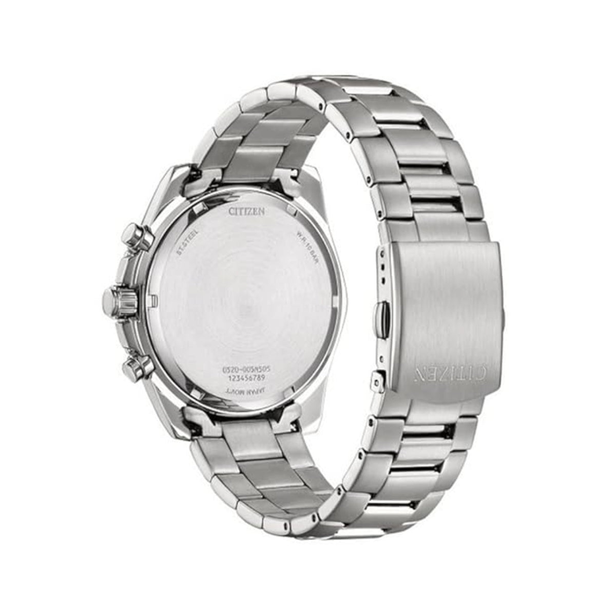 Silver Citizen watch with a metallic band on a white background