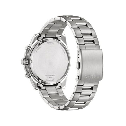 Silver Citizen watch with a metallic band on a white background
