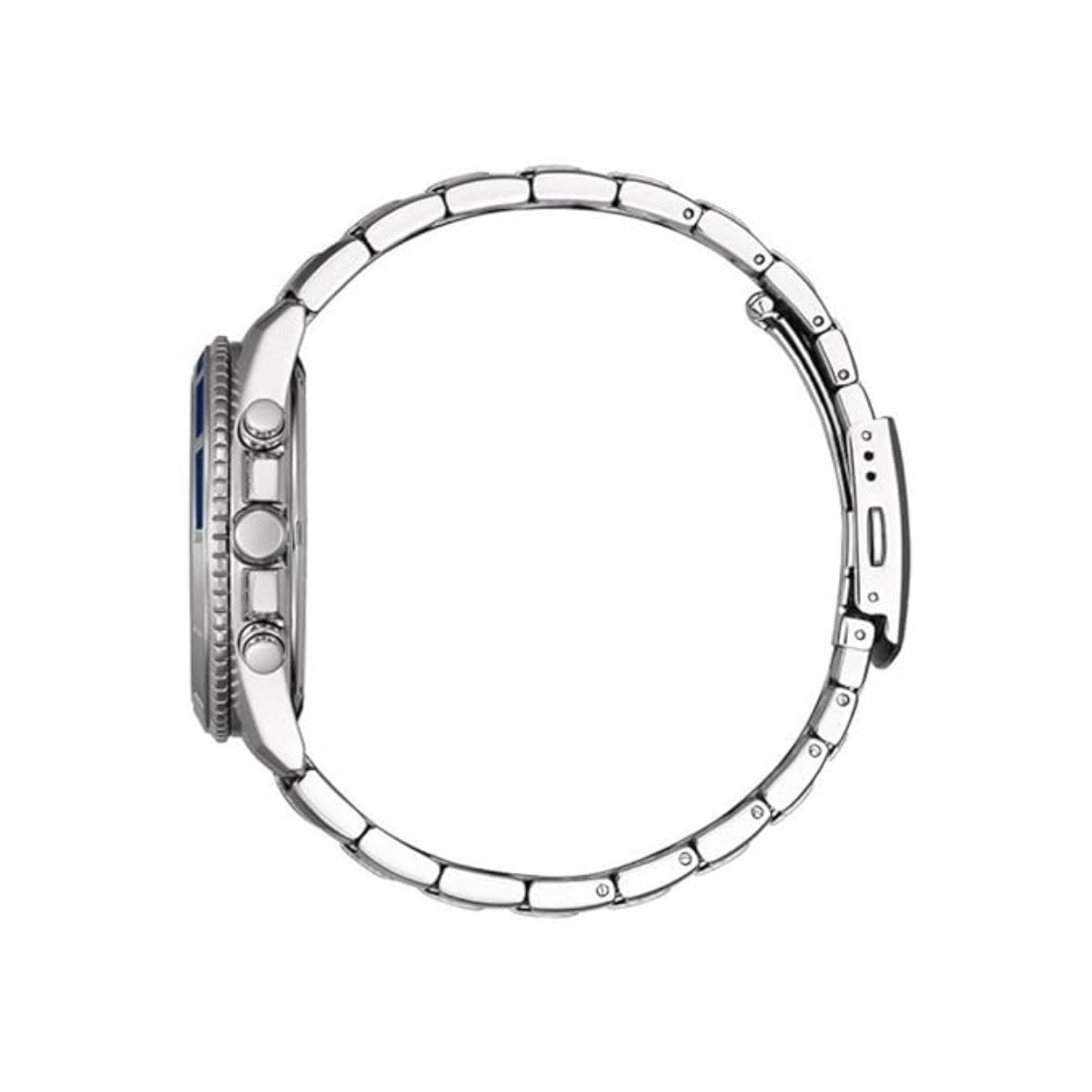 Close-up of a silver watch case on a white background